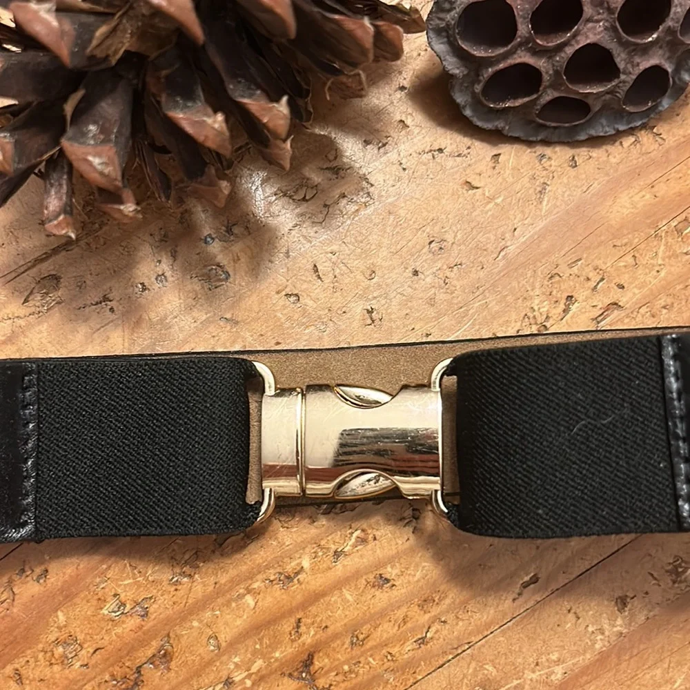 B-LOW THE BELT 1.5 inch W- leather & elastic Gore belt with gold clasp buckle.